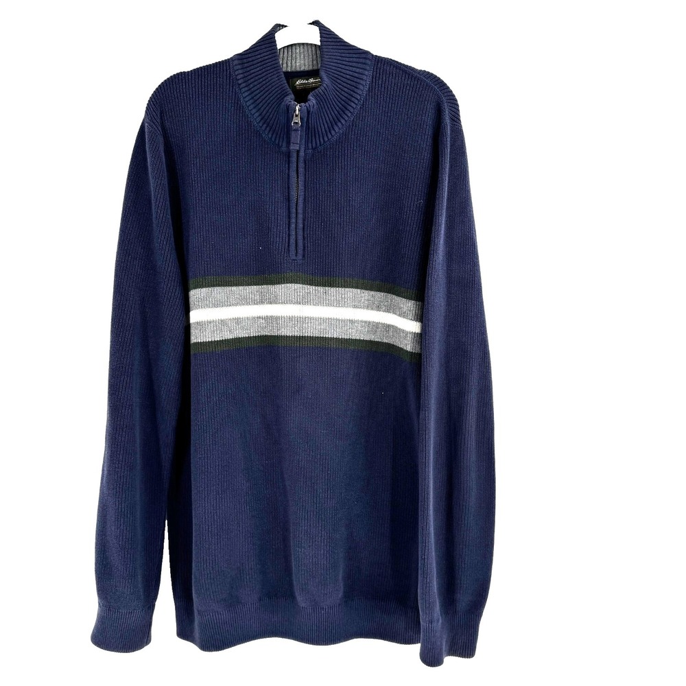 Y2K Eddie Bauer Ribbed 1/4 Zip Sweater Mens XLT Blue Striped Preppy Outdoors 90s